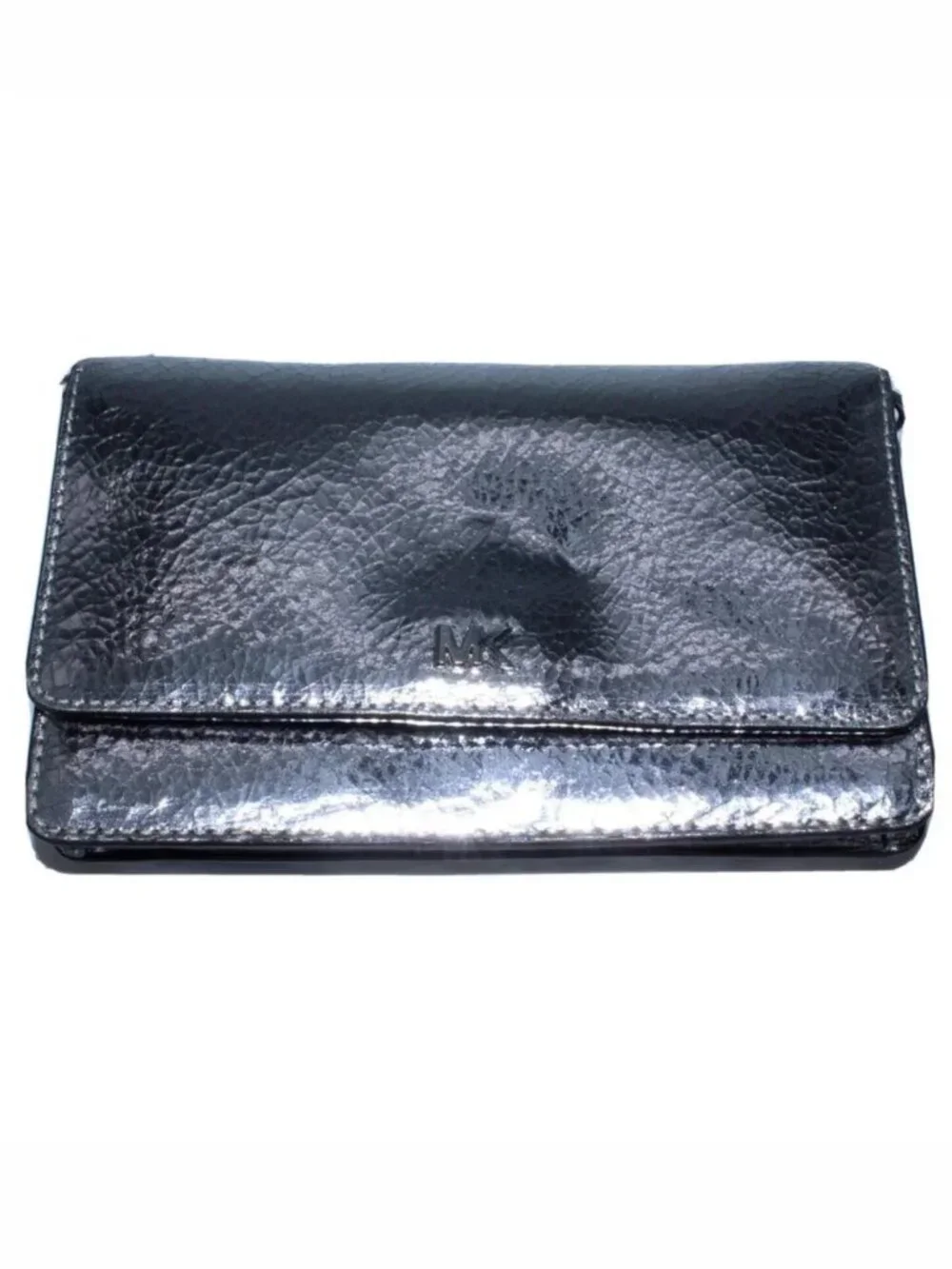 Michael Kors Medium Cross Body Bag Satchel Purse Gray Leather Metallic Silver